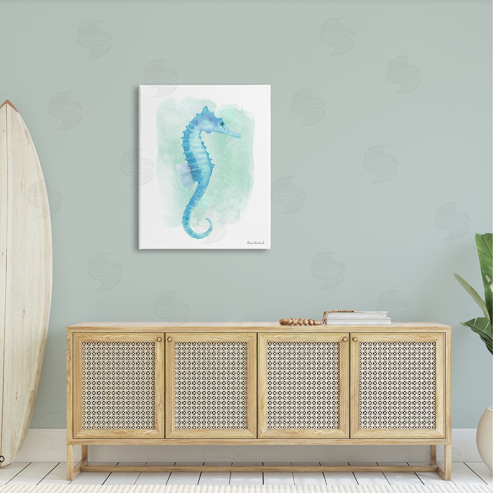 Diane Neukirch Blue Seahorse Aquatic Life Subtle Ocean Painting Canvas Wall Art Print in Room