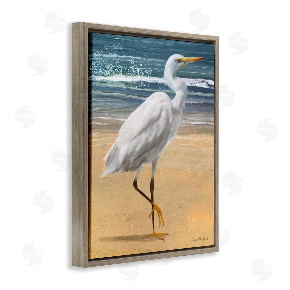 Diane Neukirch White Heron Bird Standing Beach Shoreline Waves Brown Floating Frame Canvas Wall Art Print