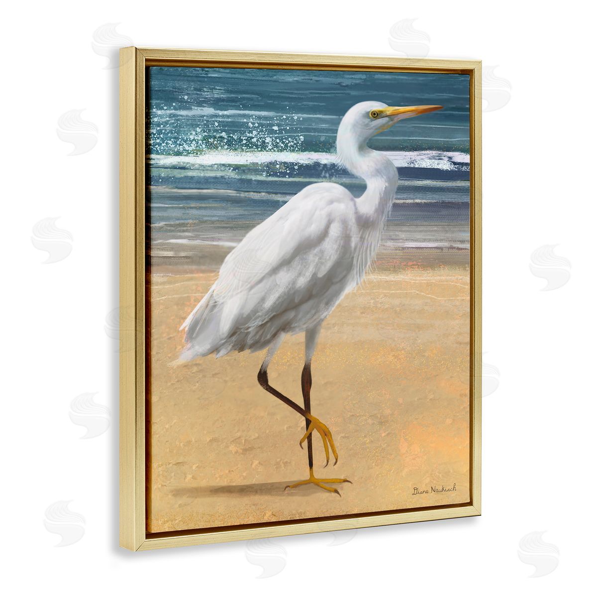 Diane Neukirch White Heron Bird Standing Beach Shoreline Waves Gold Floating Frame Canvas Wall Art Print