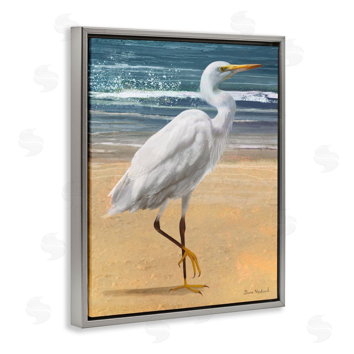 Diane Neukirch White Heron Bird Standing Beach Shoreline Waves Gray Floating Frame Canvas Wall Art Print