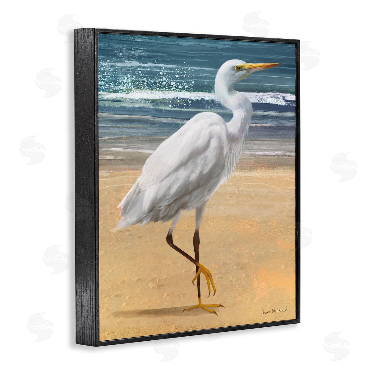 Diane Neukirch White Heron Bird Standing Beach Shoreline Waves Black Framed Giclee Wall Art Print