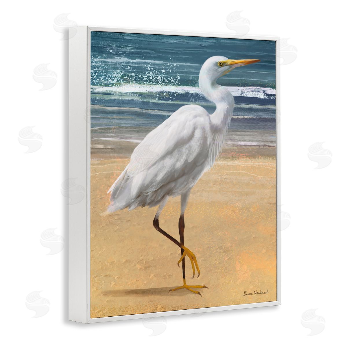 Diane Neukirch White Heron Bird Standing Beach Shoreline Waves White Framed Giclee Wall Art Print
