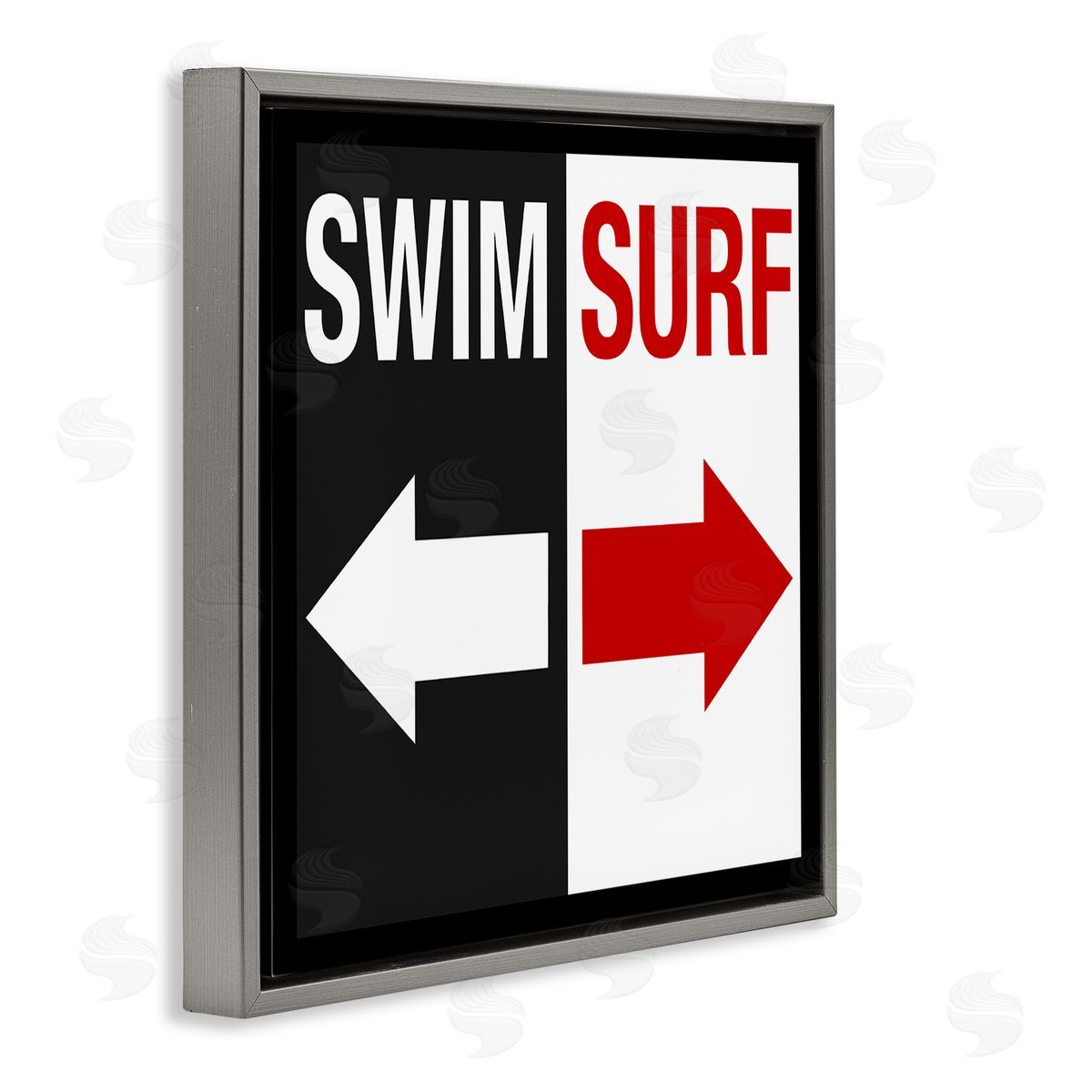 Graffitee Studios Swim Surf Arrows Sign Ocean Coastal Words  Gray Floating Frame Canvas Wall Art Print