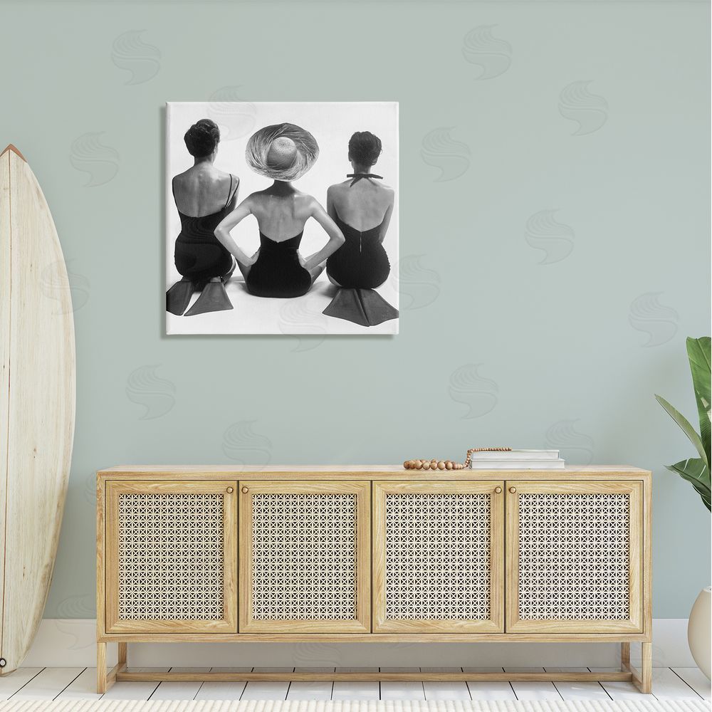 Graffitee Studios Women Sitting Beach Monochrome Vintage Swimsuits Flippers Canvas Wall Art in Room