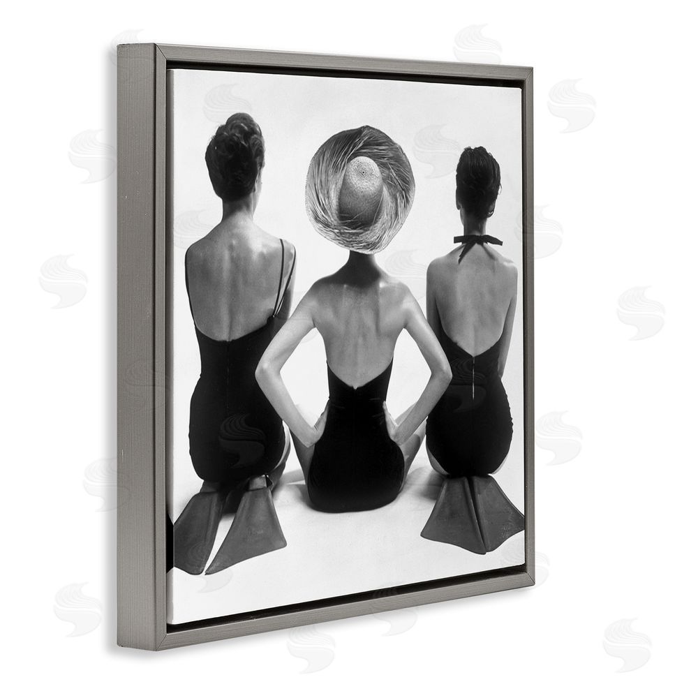 Graffitee Studios Women Sitting Beach Monochrome Vintage Swimsuits Flippers Gray Floating Frame Canvas Wall Art Print