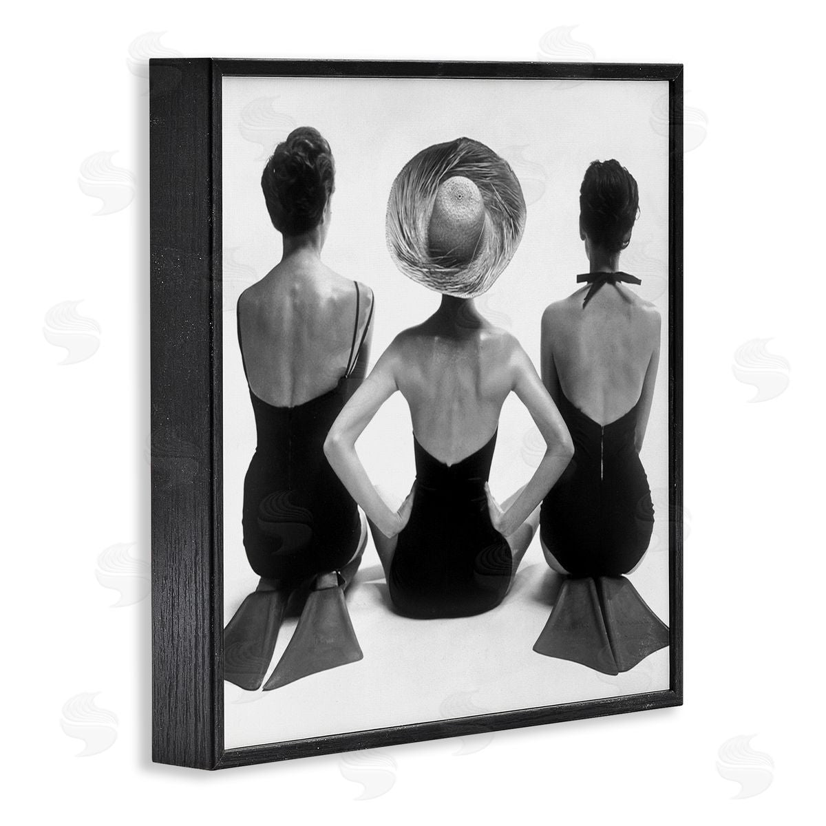 Graffitee Studios Women Sitting Beach Monochrome Vintage Swimsuits Flippers Black Framed Glicee Wall Art Print