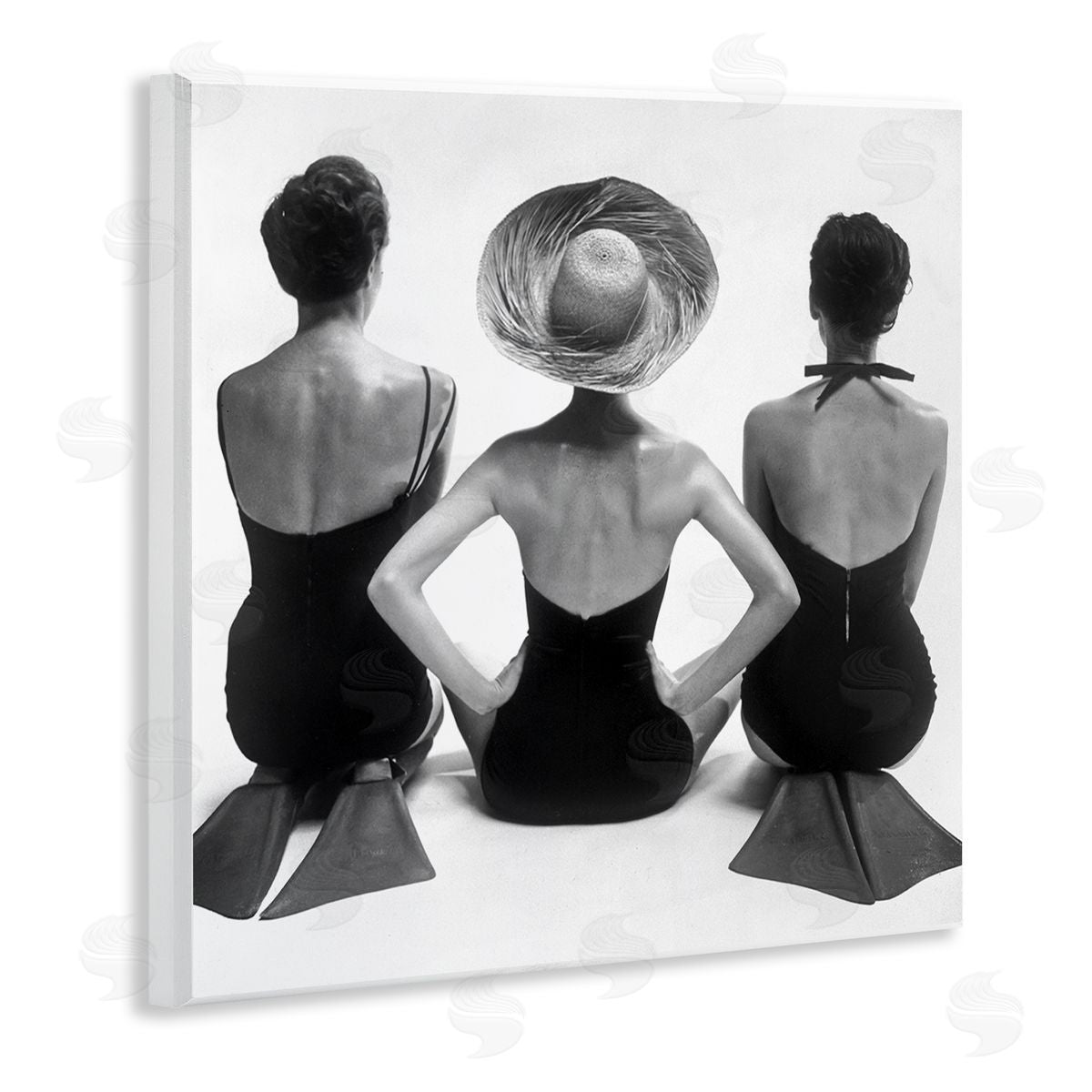 Graffitee Studios Women Sitting Beach Monochrome Vintage Swimsuits Flippers Wooden Wall Plaque Art Print