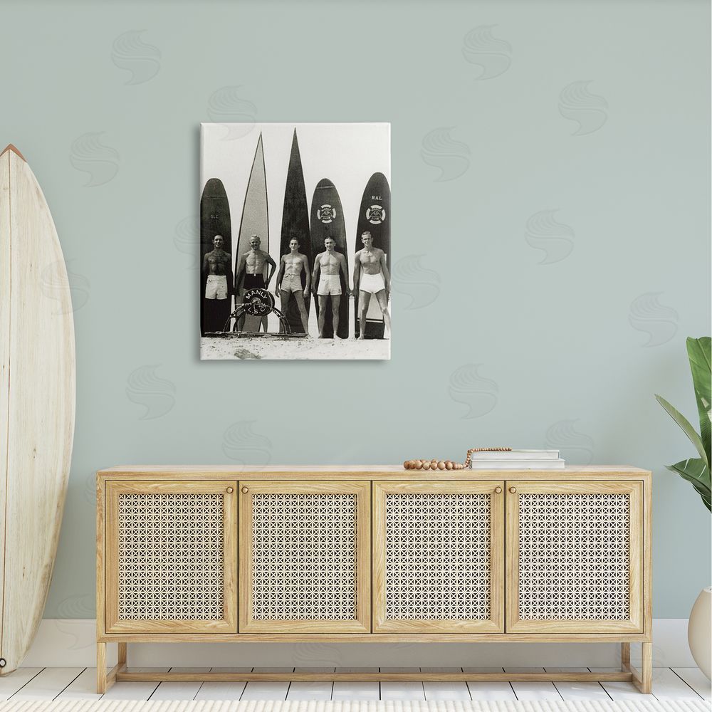 Graffitee Studios Vintage Photography Men Surfer Surfboards Beach Sport Canvas Wall Art Print in Room