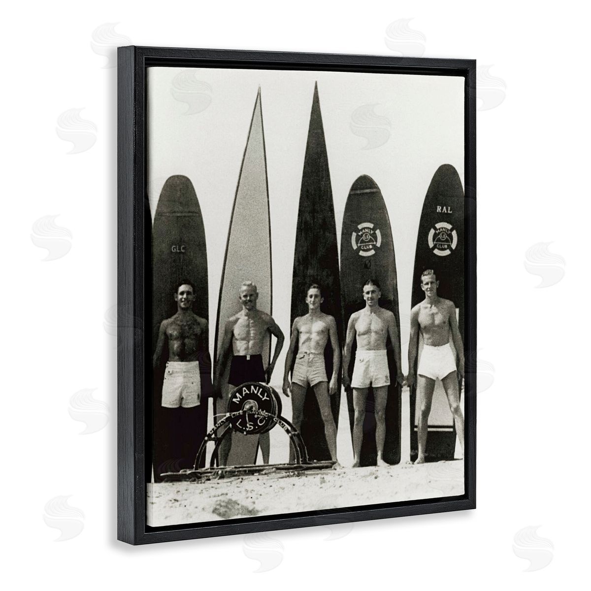 Graffitee Studios Vintage Photography Men Surfer Surfboards Beach Sport Black Floating Frame Canvas Wall Art Print
