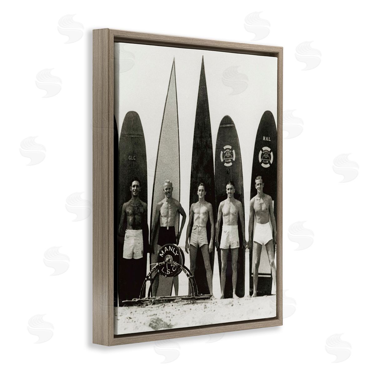 Graffitee Studios Vintage Photography Men Surfer Surfboards Beach Sport Brown Floating Frame Canvas Wall Art Print