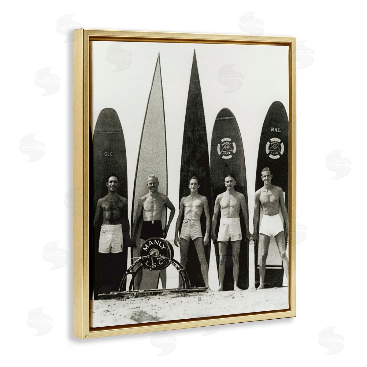 Graffitee Studios Vintage Photography Men Surfer Surfboards Beach Sport Gold Floating Frame Canvas Wall Art Print