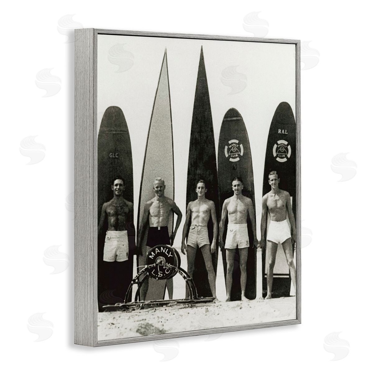 Graffitee Studios Vintage Photography Men Surfer Surfboards Beach Sport Gray Framed Giclee Wall Art Print
