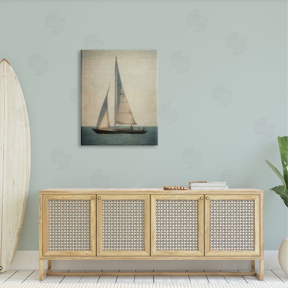 Graffitee Studios Lone Sailboat People Relaxing Quiet Ocean Landscape  Canvas Wall Art Print in Room
