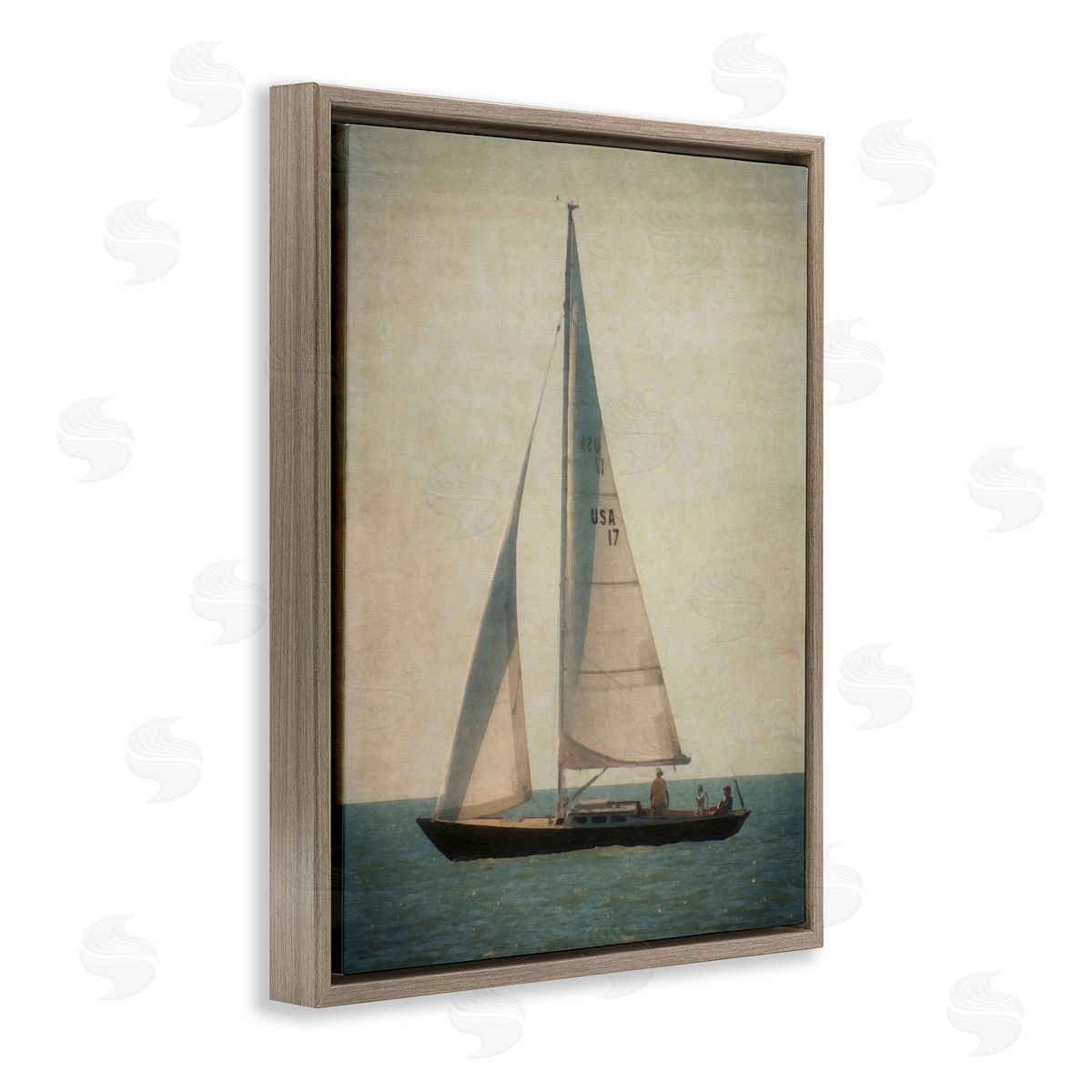 Graffitee Studios Lone Sailboat People Relaxing Quiet Ocean Landscape  Brown Floating Frame Canvas Wall Art Print
