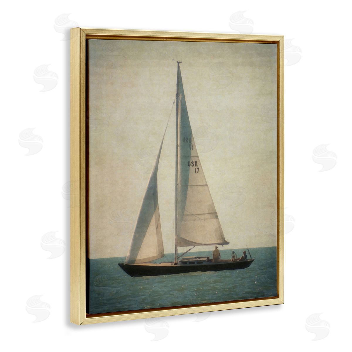 Graffitee Studios Lone Sailboat People Relaxing Quiet Ocean Landscape  Gold Floating Frame Canvas Wall Art Print