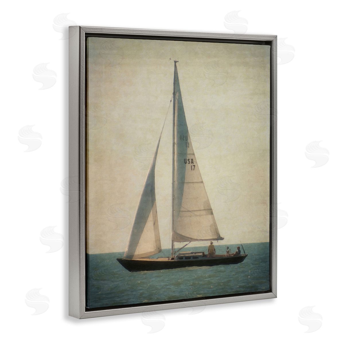 Graffitee Studios Lone Sailboat People Relaxing Quiet Ocean Landscape  Gray Floating Frame Canvas Wall Art Print