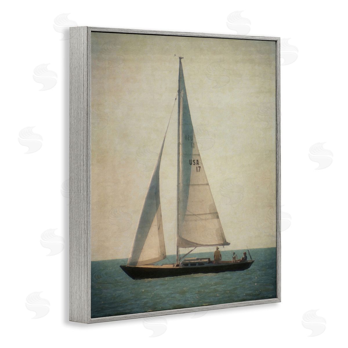 Graffitee Studios Lone Sailboat People Relaxing Quiet Ocean Landscape  Gray Framed Giclee Wall Art Print