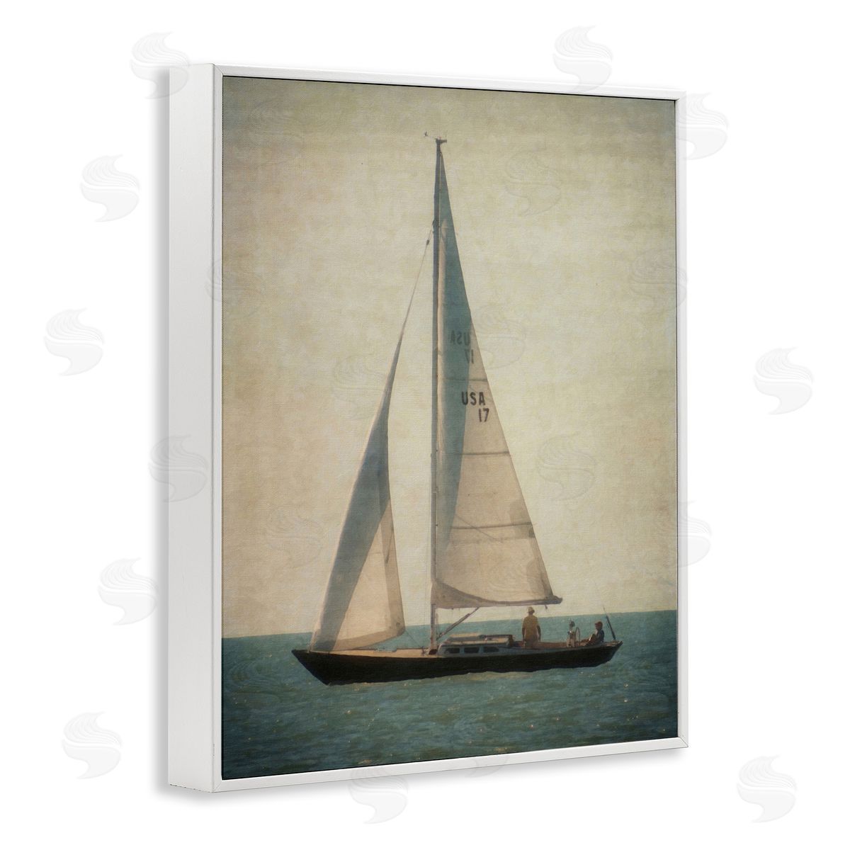 Graffitee Studios Lone Sailboat People Relaxing Quiet Ocean Landscape  White Framed Giclee Wall Art Print