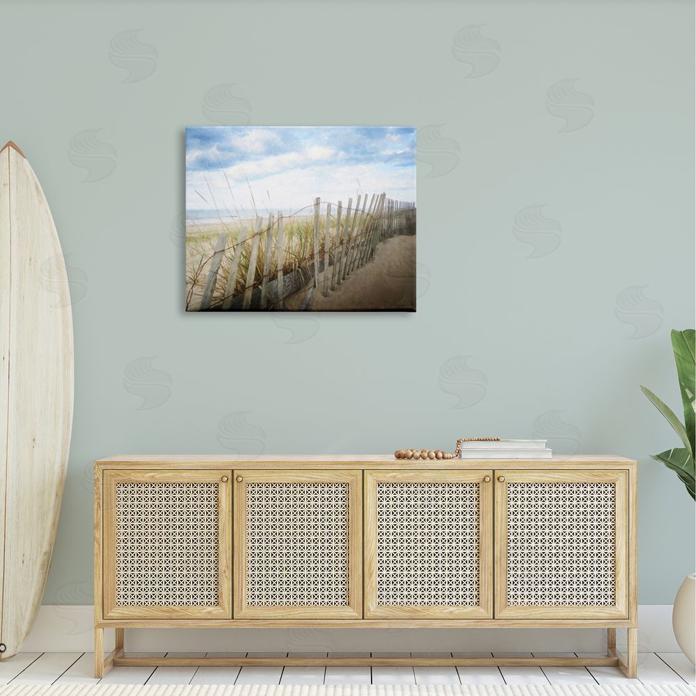 Graffitee Studios Seaside Boardwalk Ocean Sand Fence Beach Grass Canvas Wall Art Print in Room