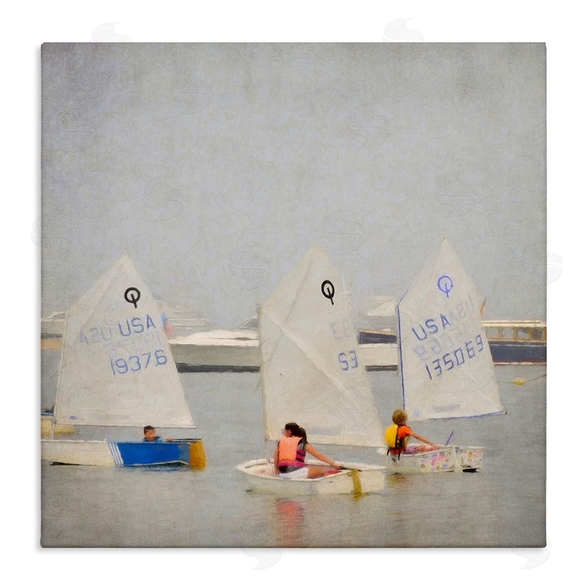 Graffitee Studios People Floating Dinghy Boats Watercraft Ocean Scenery  Stretched Canvas Wall Art Print