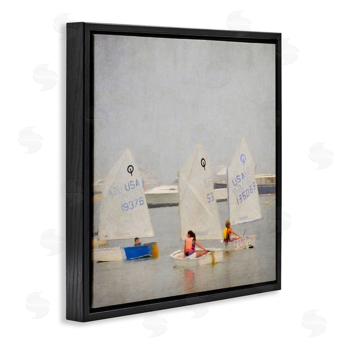 Graffitee Studios People Floating Dinghy Boats Watercraft Ocean Scenery  Black Floating Frame Canvas Wall Art Print