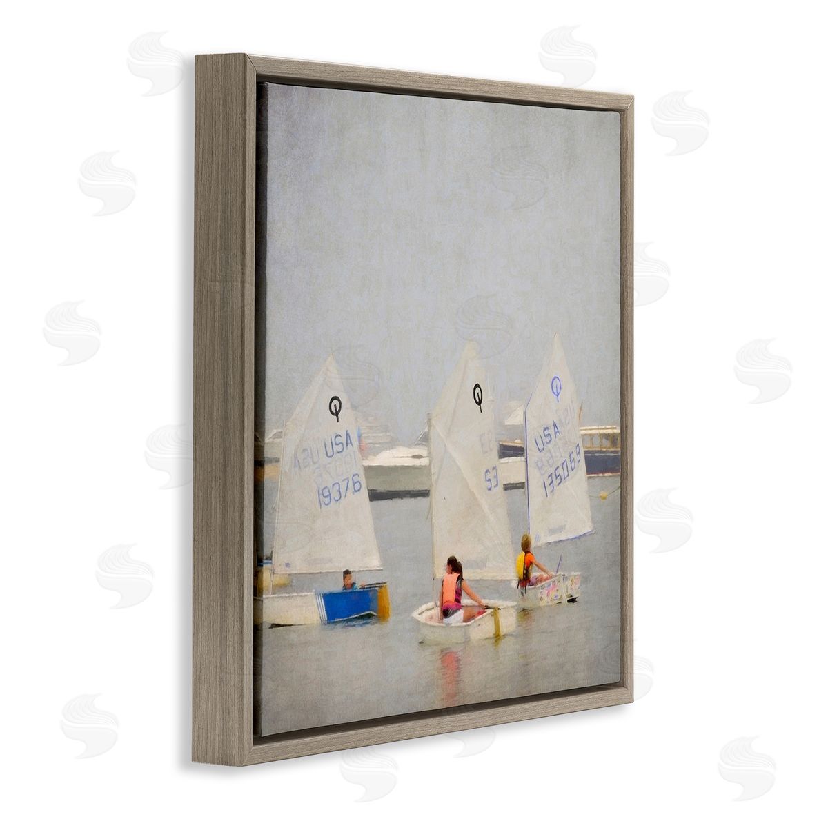 Graffitee Studios People Floating Dinghy Boats Watercraft Ocean Scenery  Brown Floating Frame Canvas Wall Art Print