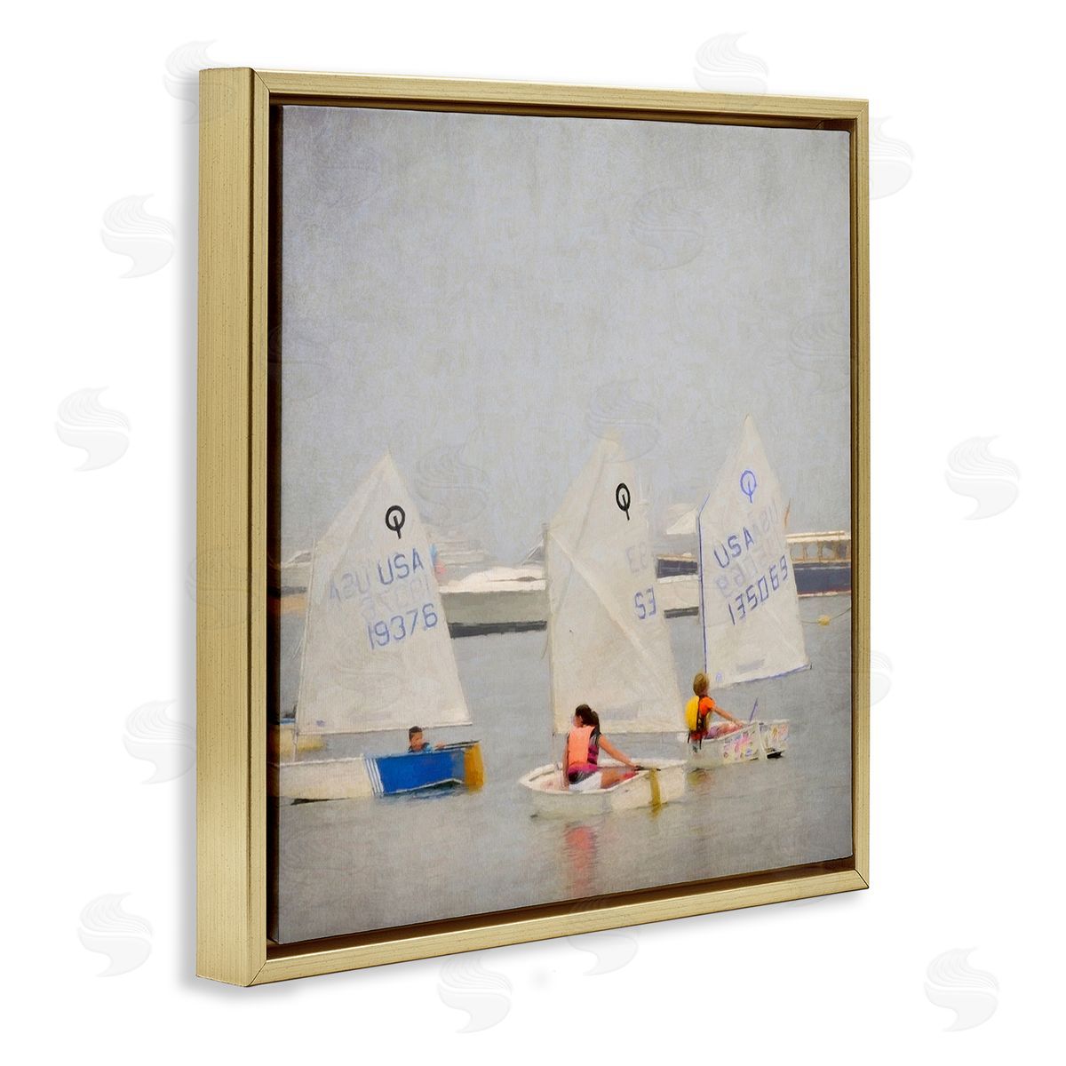 Graffitee Studios People Floating Dinghy Boats Watercraft Ocean Scenery  Gold Floating Frame Canvas Wall Art Print