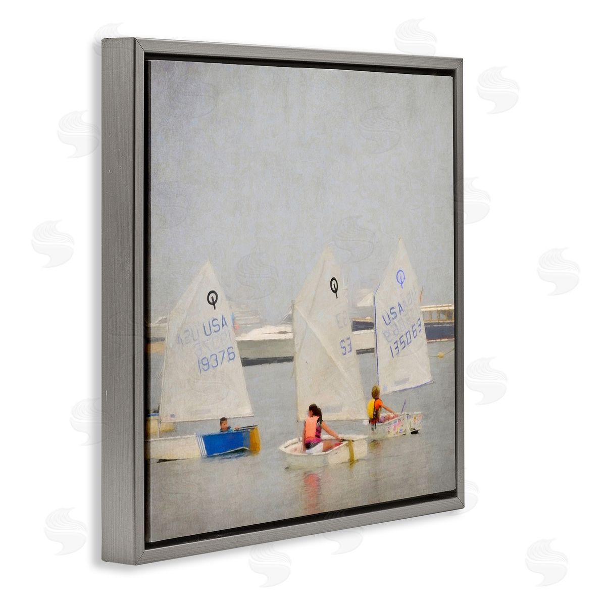 Graffitee Studios People Floating Dinghy Boats Watercraft Ocean Scenery  Gray Floating Frame Canvas Wall Art Print