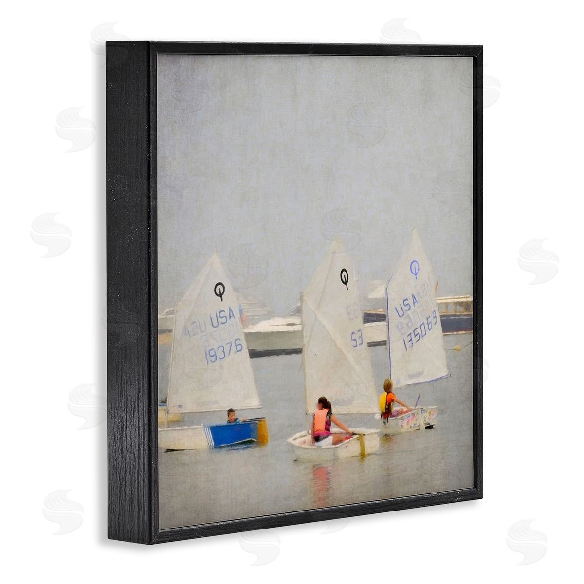 Graffitee Studios People Floating Dinghy Boats Watercraft Ocean Scenery  Black Framed Glicee Wall Art Print