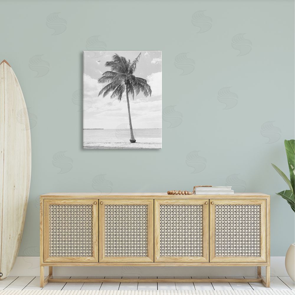Graffitee Studios Single Palm Tree Monochrome Tropical Beach Plant Canvas Wall Art Print in Room