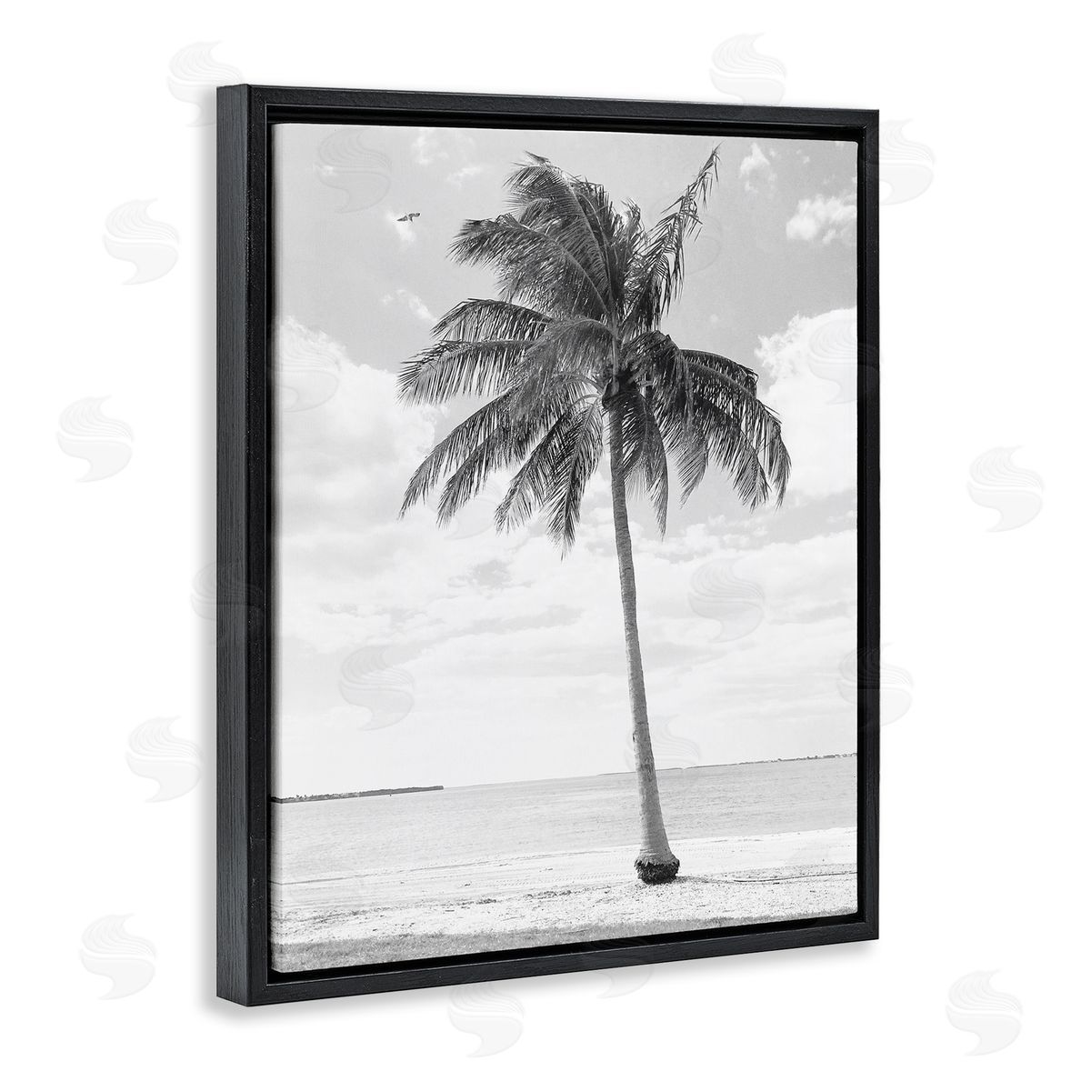 Graffitee Studios Single Palm Tree Monochrome Tropical Beach Plant Black Floating Frame Canvas Wall Art Print