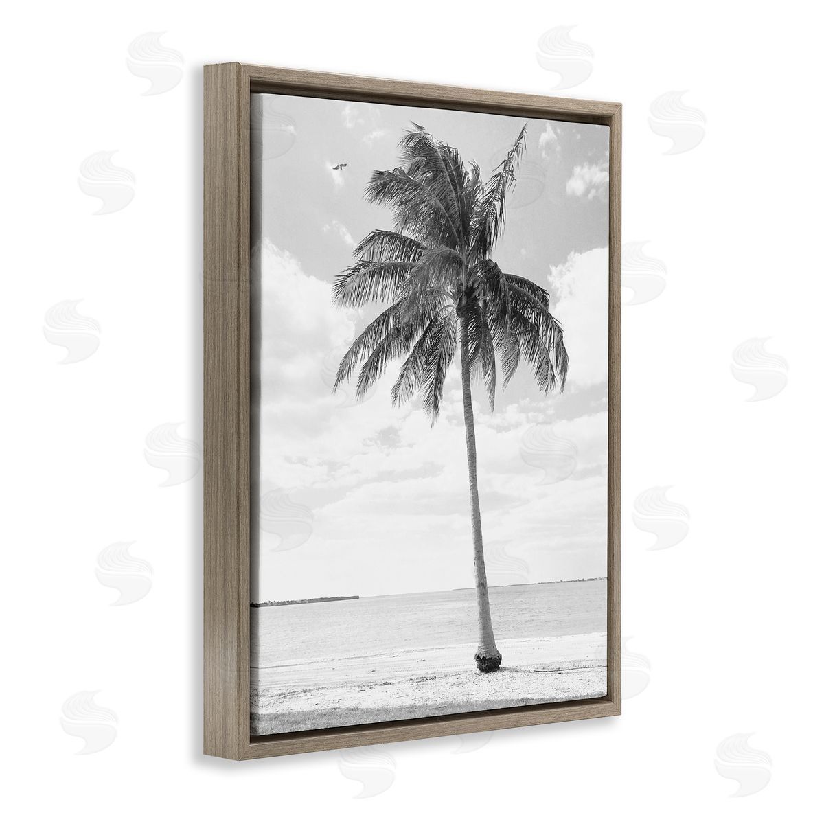 Graffitee Studios Single Palm Tree Monochrome Tropical Beach Plant Brown Floating Frame Canvas Wall Art Print