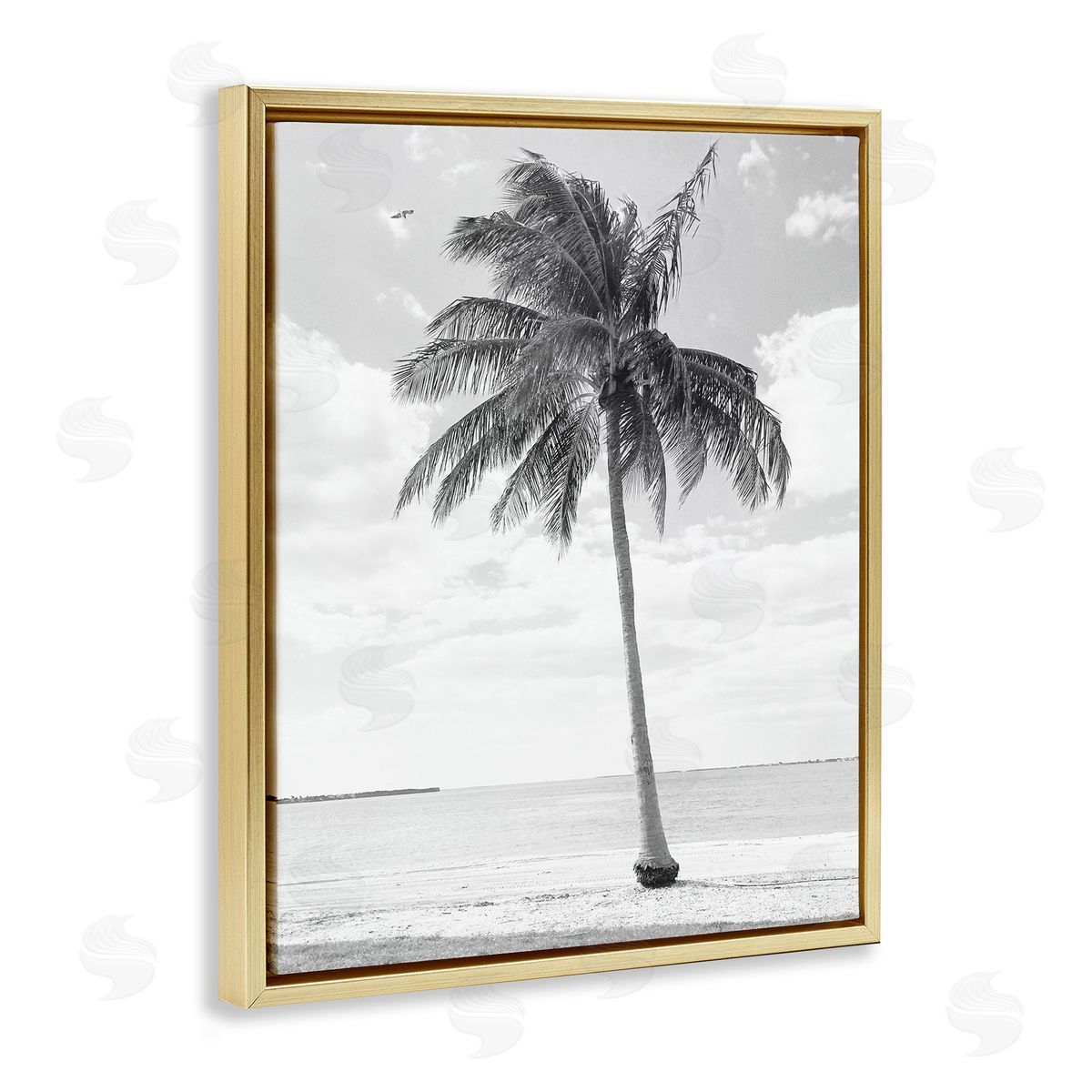 Graffitee Studios Single Palm Tree Monochrome Tropical Beach Plant Gold Floating Frame Canvas Wall Art Print