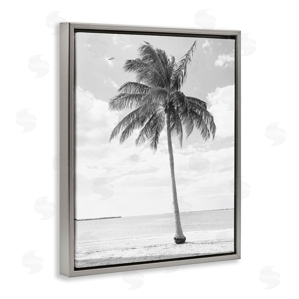 Graffitee Studios Single Palm Tree Monochrome Tropical Beach Plant Gray Floating Frame Canvas Wall Art Print