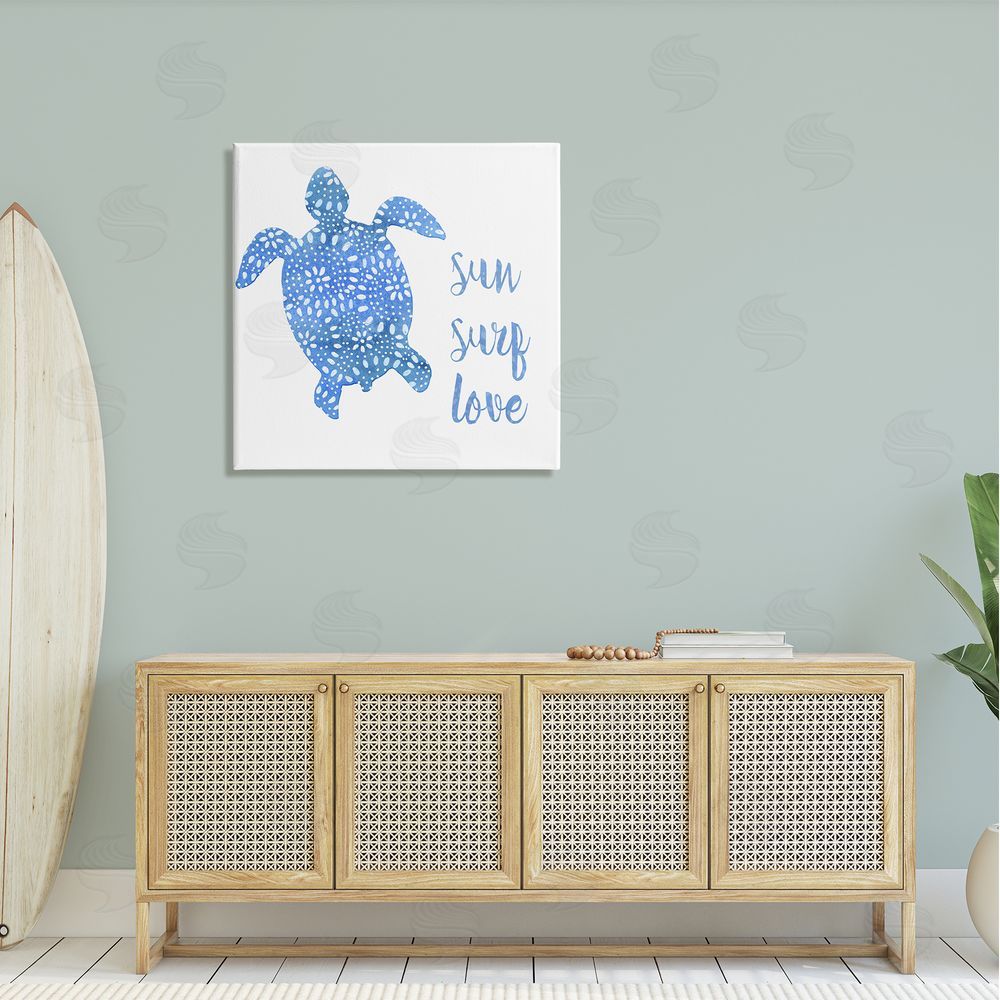 Jackie Decker Patterned Blue Sea Turtle Beach Phrase Calligraphy  Canvas Wall Art in Room