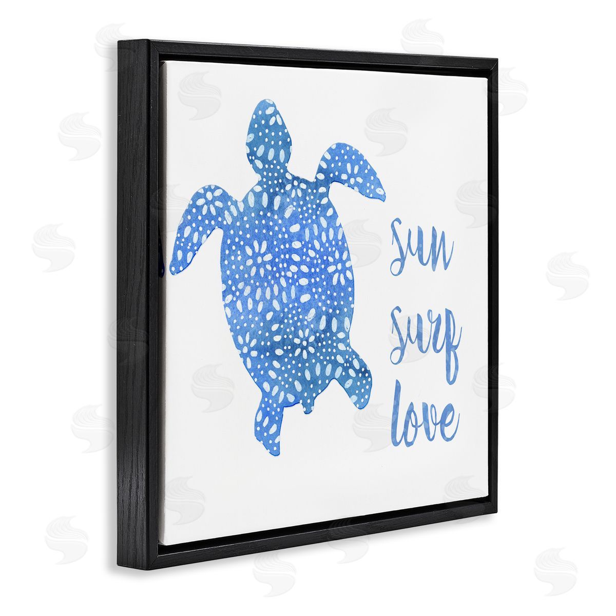 Jackie Decker Patterned Blue Sea Turtle Beach Phrase Calligraphy  Black Floating Frame Canvas Wall Art Print