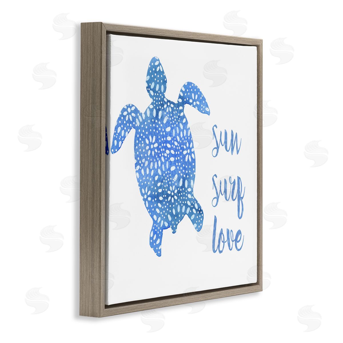 Jackie Decker Patterned Blue Sea Turtle Beach Phrase Calligraphy  Brown Floating Frame Canvas Wall Art Print