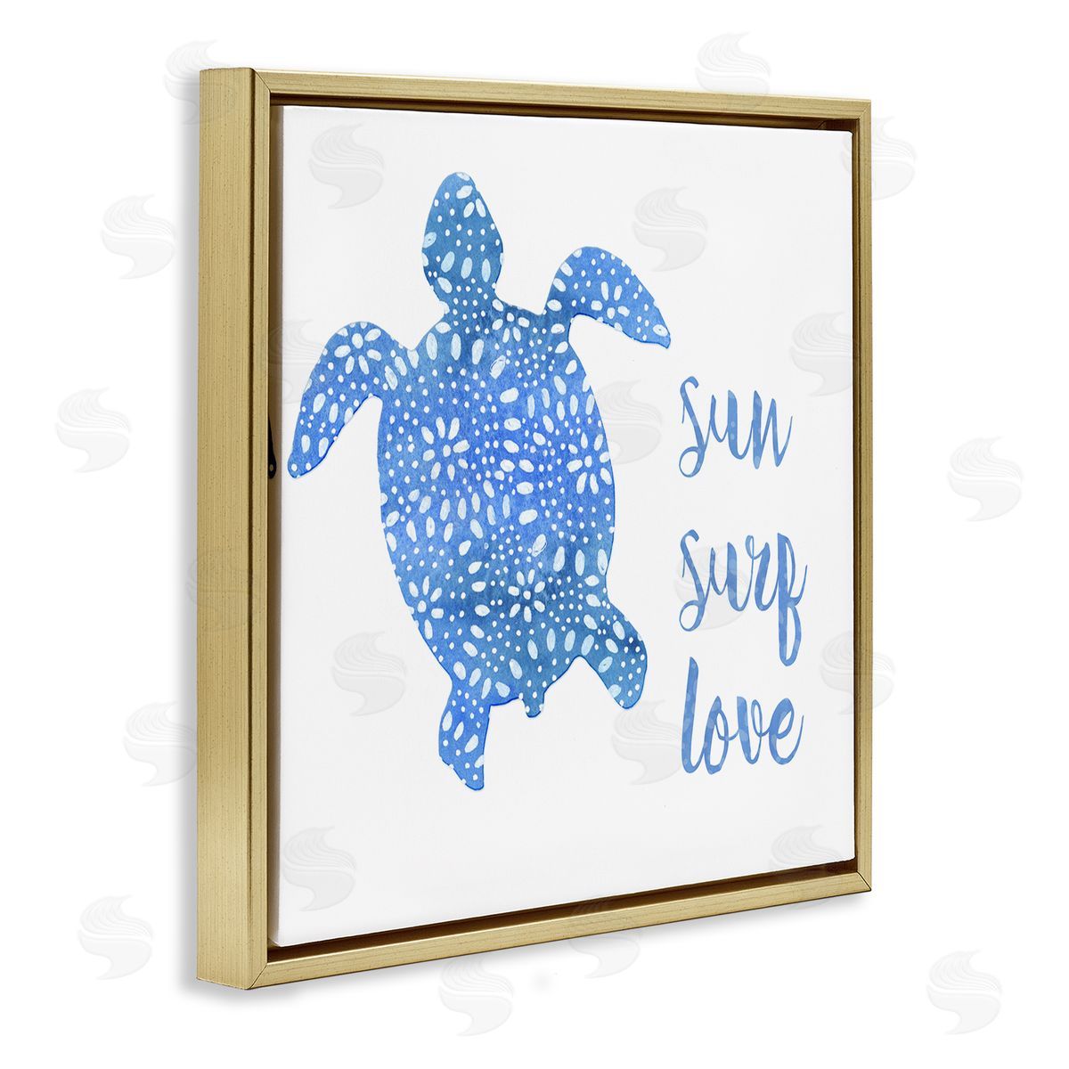 Jackie Decker Patterned Blue Sea Turtle Beach Phrase Calligraphy  Gold Floating Frame Canvas Wall Art Print