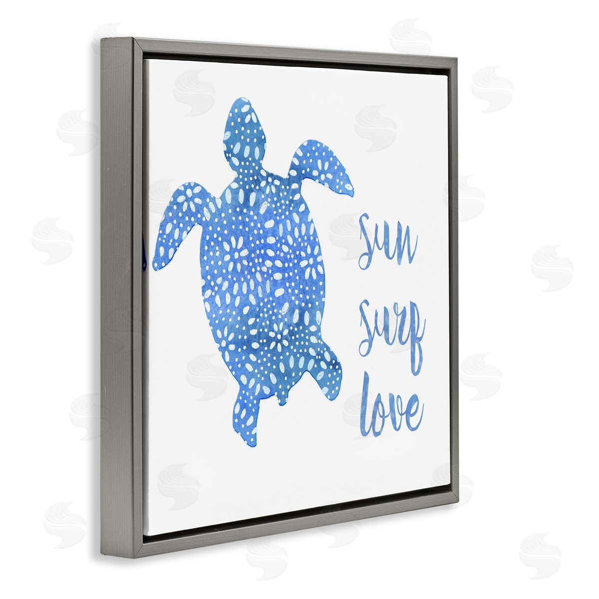 Jackie Decker Patterned Blue Sea Turtle Beach Phrase Calligraphy  Gray Floating Frame Canvas Wall Art Print