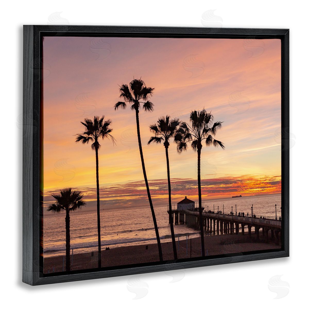 Jeff Poe Photography Tropical Palm Tree Sunset Summer Pier Docks Black Floating Frame Canvas Wall Art Print