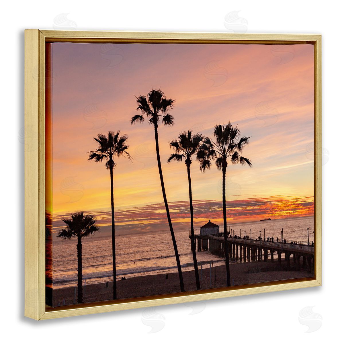 Jeff Poe Photography Tropical Palm Tree Sunset Summer Pier Docks Gold Floating Frame Canvas Wall Art Print