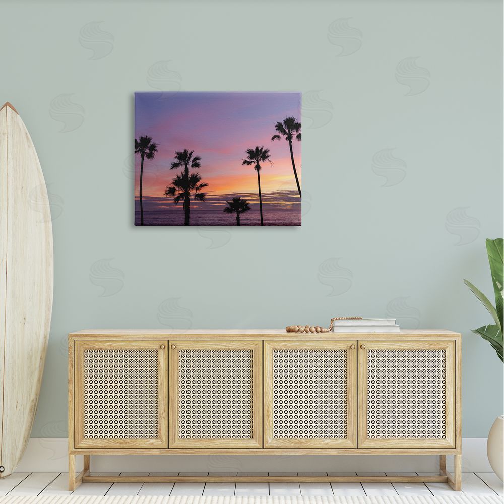 Jeff Poe Photography Purple Sunrise Sky Tall Palm Trees Silhouettes  Canvas Wall Art Print in Room