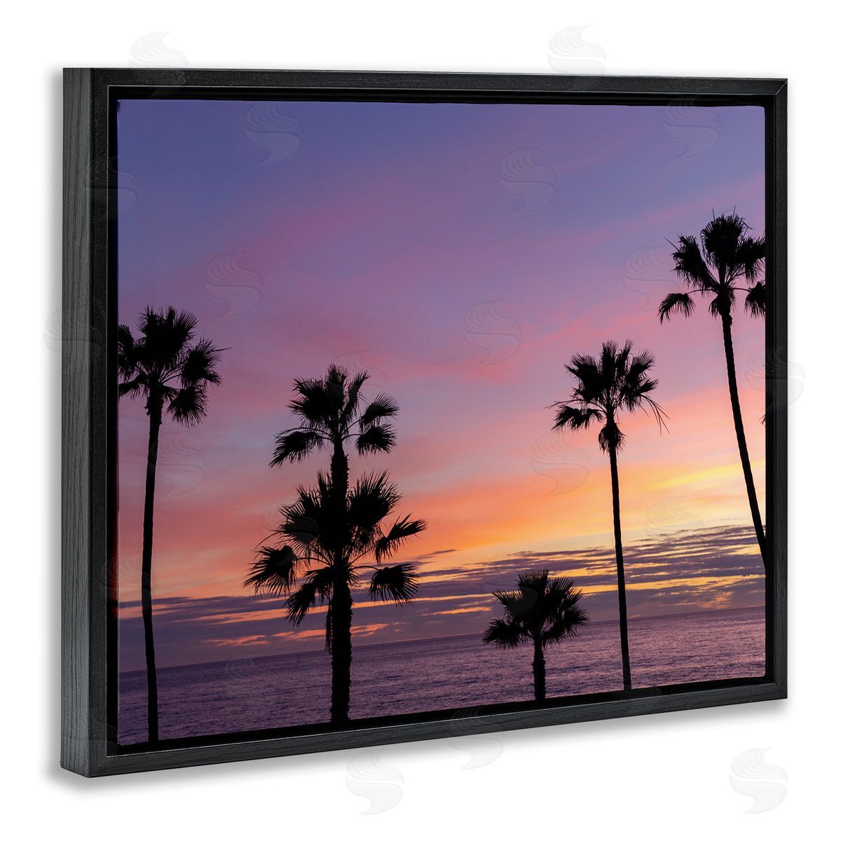 Jeff Poe Photography Purple Sunrise Sky Tall Palm Trees Silhouettes  Black Floating Frame Canvas Wall Art Print