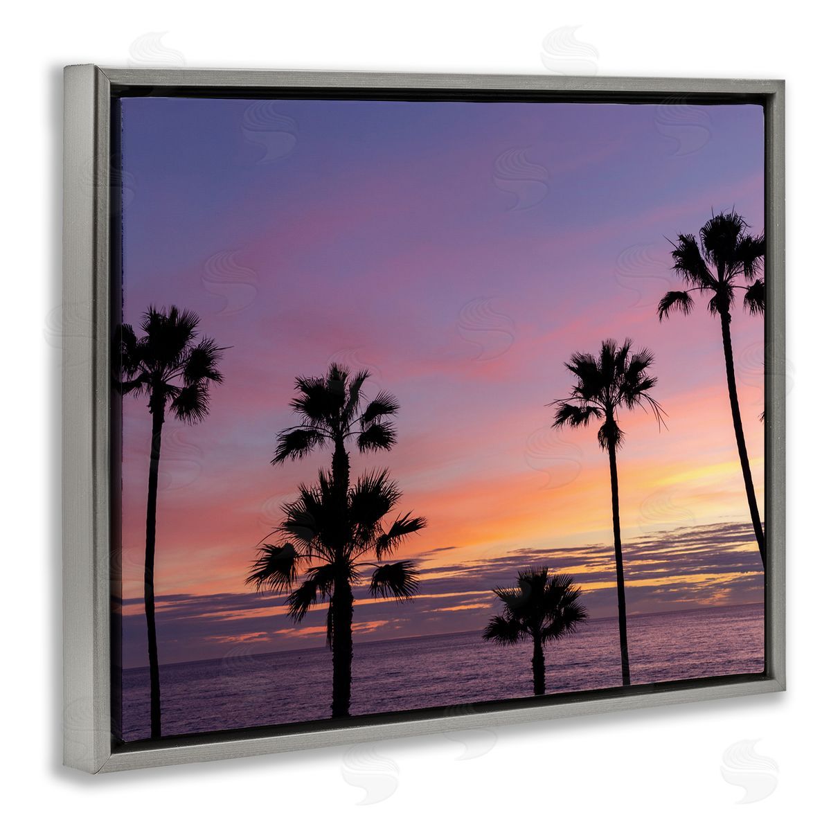 Jeff Poe Photography Purple Sunrise Sky Tall Palm Trees Silhouettes  Gray Floating Frame Canvas Wall Art Print