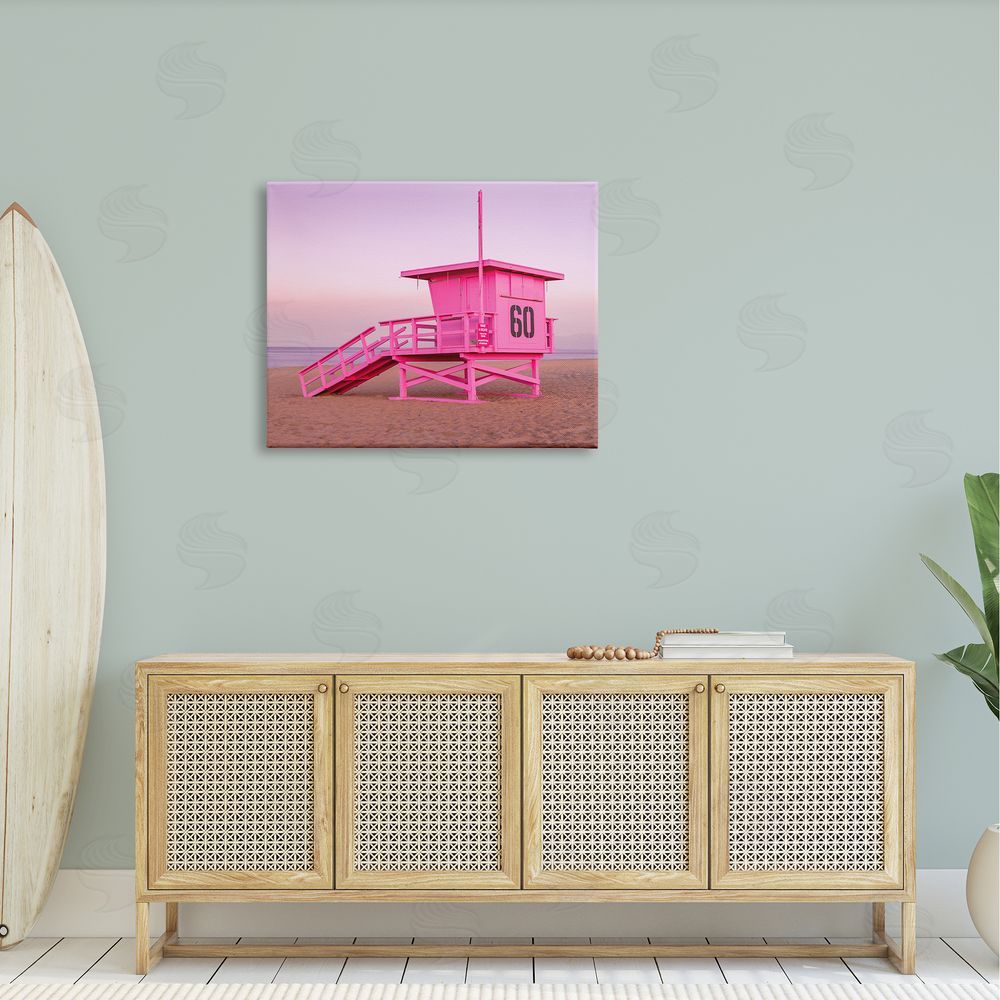 Jeff Poe Photography Pink Beach Shack Photography Purple Sky Coast Canvas Wall Art Print in Room