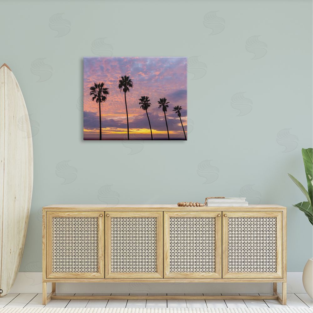 Jeff Poe Photography Purple Cloudy Sunset Tall Palm Tree Silhouettes  Canvas Wall Art Print in Room