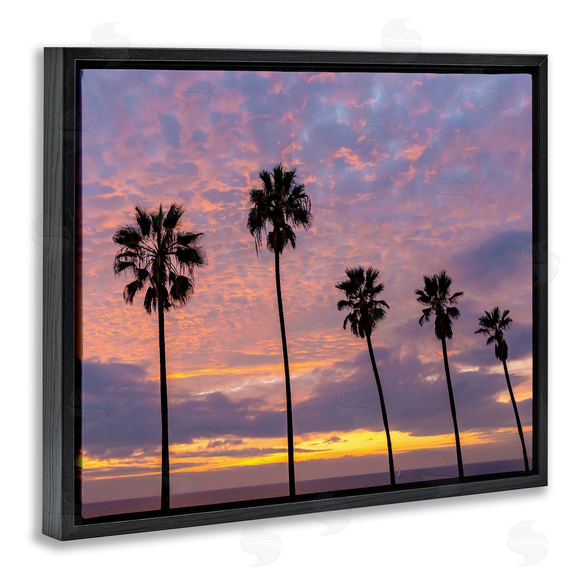Jeff Poe Photography Purple Cloudy Sunset Tall Palm Tree Silhouettes  Black Floating Frame Canvas Wall Art Print