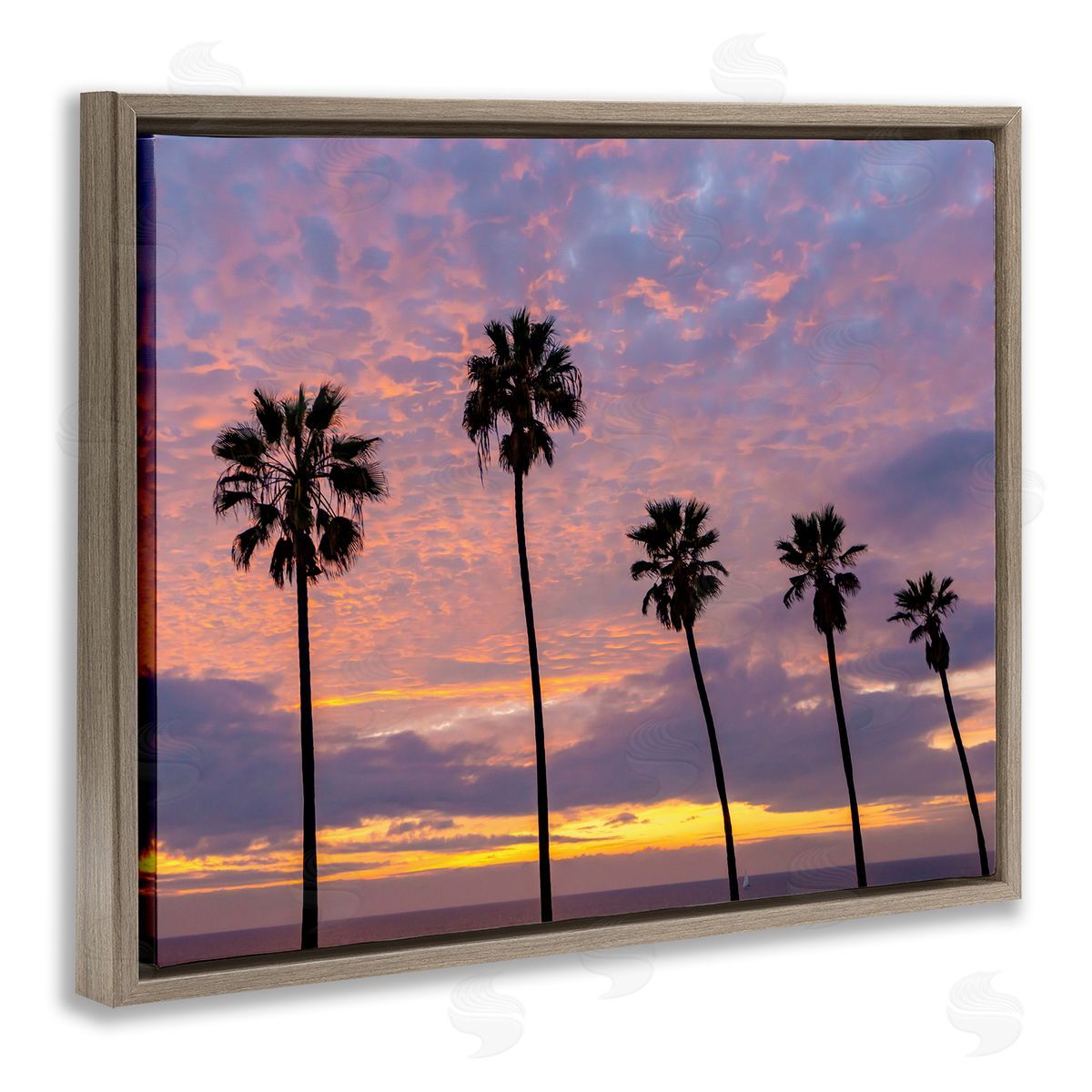 Jeff Poe Photography Purple Cloudy Sunset Tall Palm Tree Silhouettes  Brown Floating Frame Canvas Wall Art Print