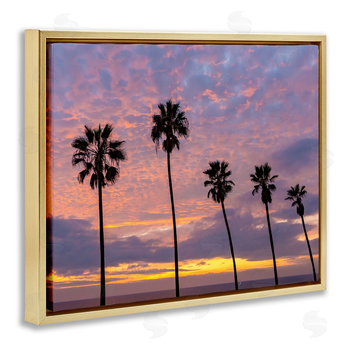 Jeff Poe Photography Purple Cloudy Sunset Tall Palm Tree Silhouettes  Gold Floating Frame Canvas Wall Art Print