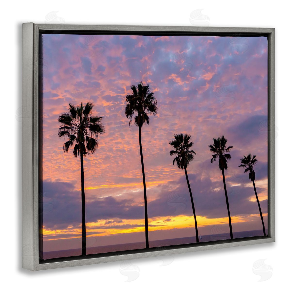 Jeff Poe Photography Purple Cloudy Sunset Tall Palm Tree Silhouettes  Gray Floating Frame Canvas Wall Art Print